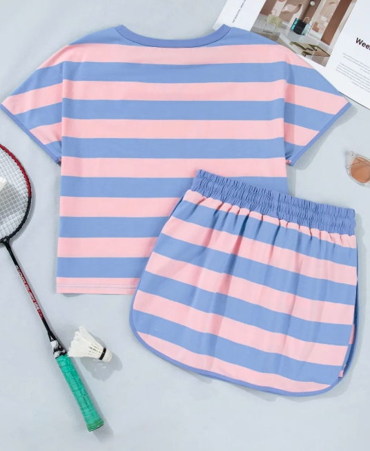 Bertha Pink Pink Stripe Dolman Tee Drawstring Skort Athletic 2pcs Set