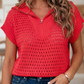 Meg Fiery Red Hollowed Knit Short Sleeve Zipper Collar Knitwear Top