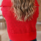 Meg Fiery Red Hollowed Knit Short Sleeve Zipper Collar Knitwear Top