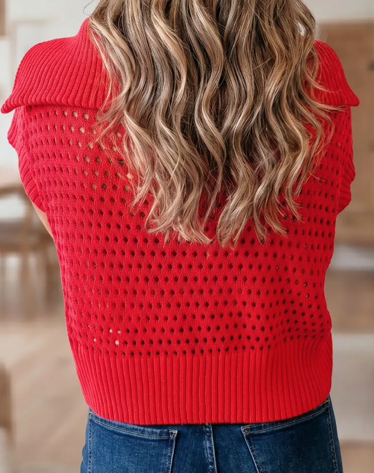 Meg Fiery Red Hollowed Knit Short Sleeve Zipper Collar Knitwear Top