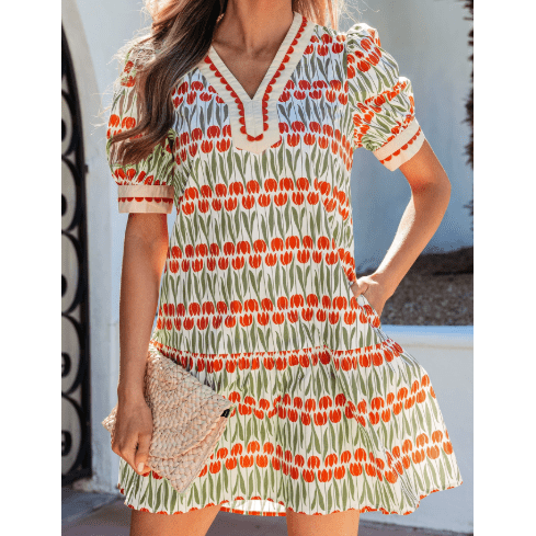 SALE!!!  Shaunda Tulip Floral Print Cotton Puff Short Sleeve Mini Dress