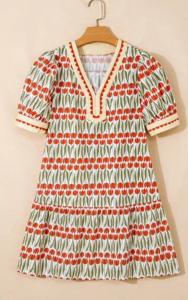 SALE!!!  Shaunda Tulip Floral Print Cotton Puff Short Sleeve Mini Dress