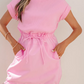Ada Bonbon Cuffed Short Sleeve Mix Fabric Patchwork Drawstring Mini Dress