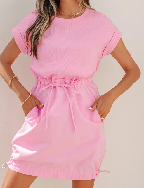 Ada Bonbon Cuffed Short Sleeve Mix Fabric Patchwork Drawstring Mini Dress