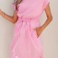 Ada Bonbon Cuffed Short Sleeve Mix Fabric Patchwork Drawstring Mini Dress