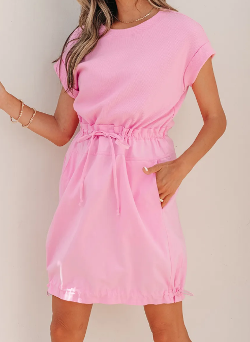 Ada Bonbon Cuffed Short Sleeve Mix Fabric Patchwork Drawstring Mini Dress