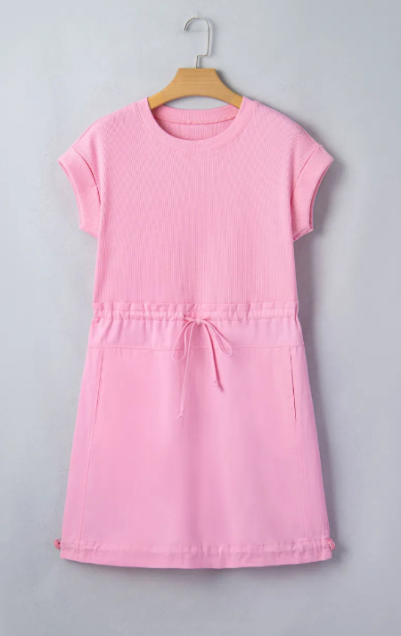 Ada Bonbon Cuffed Short Sleeve Mix Fabric Patchwork Drawstring Mini Dress