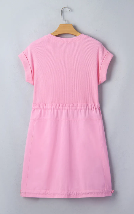 Ada Bonbon Cuffed Short Sleeve Mix Fabric Patchwork Drawstring Mini Dress