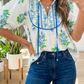 Bernadette White Floral Print Contrast Trim Tie Neck Blouse