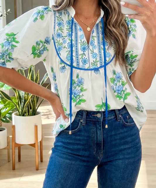 Bernadette White Floral Print Contrast Trim Tie Neck Blouse