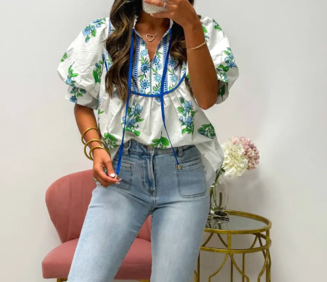 Bernadette White Floral Print Contrast Trim Tie Neck Blouse