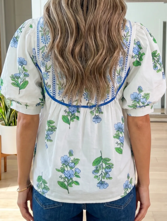 Bernadette White Floral Print Contrast Trim Tie Neck Blouse