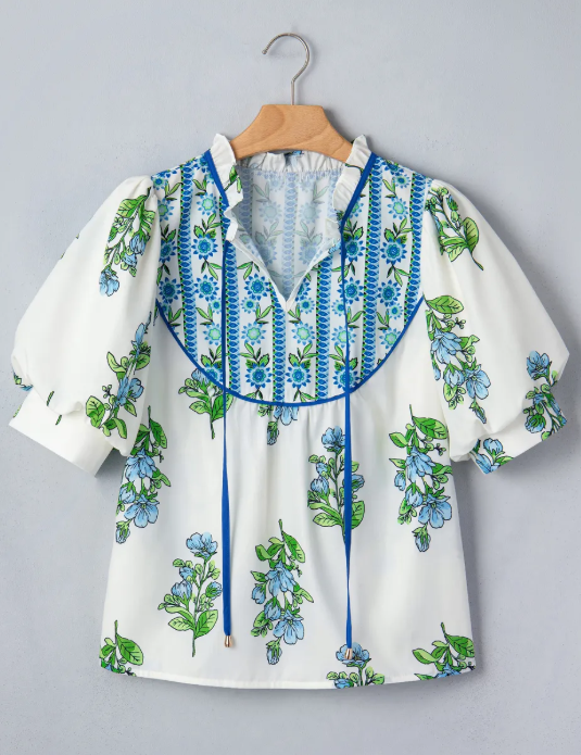Bernadette White Floral Print Contrast Trim Tie Neck Blouse