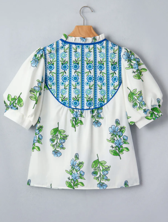 Bernadette White Floral Print Contrast Trim Tie Neck Blouse
