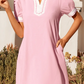 Dara Light Pink Scallop Color Block Trim Puff Sleeve Mini Dress