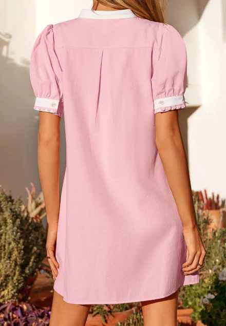 Dara Light Pink Scallop Color Block Trim Puff Sleeve Mini Dress