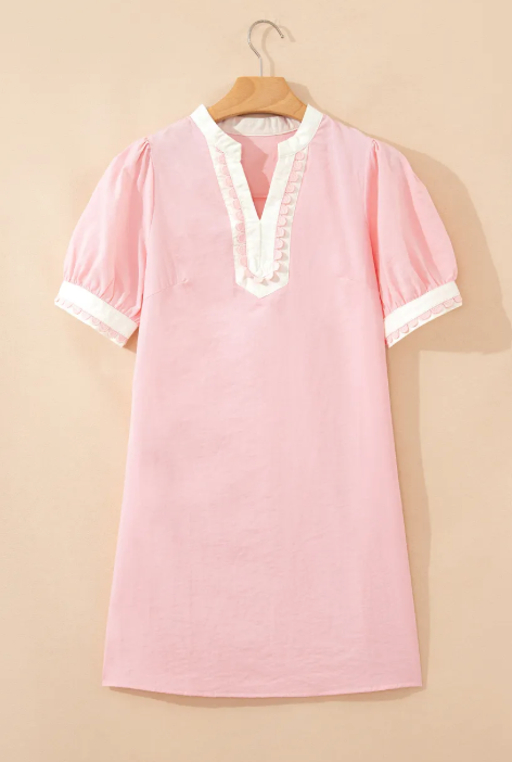 Dara Light Pink Scallop Color Block Trim Puff Sleeve Mini Dress