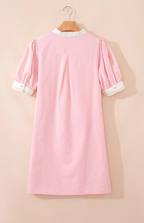 Dara Light Pink Scallop Color Block Trim Puff Sleeve Mini Dress