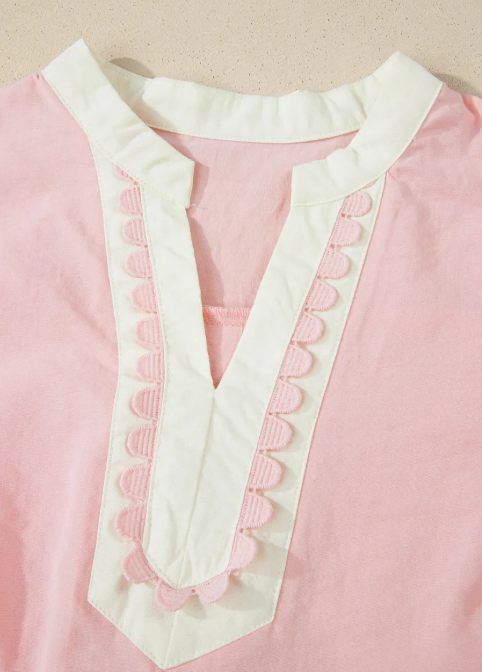 Dara Light Pink Scallop Color Block Trim Puff Sleeve Mini Dress