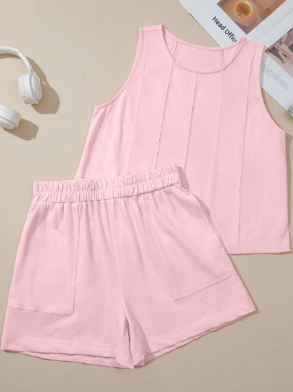 Edith Pink Stitched Detail Loose Tank Top Cotton 2pcs Short Set
