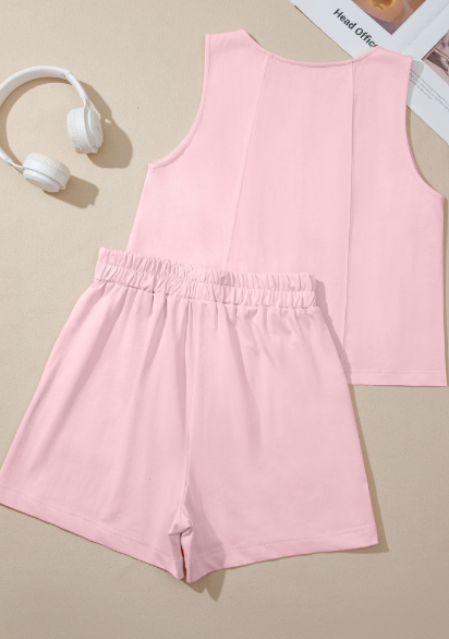 Edith Pink Stitched Detail Loose Tank Top Cotton 2pcs Short Set