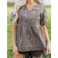 SALE!!!  Frankie Brown Leopard Tie Neck Short Puff Sleeve Denim Babydoll Top