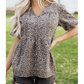 SALE!!!  Frankie Brown Leopard Tie Neck Short Puff Sleeve Denim Babydoll Top