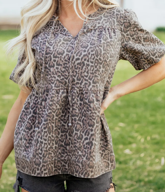 SALE!!!  Frankie Brown Leopard Tie Neck Short Puff Sleeve Denim Babydoll Top