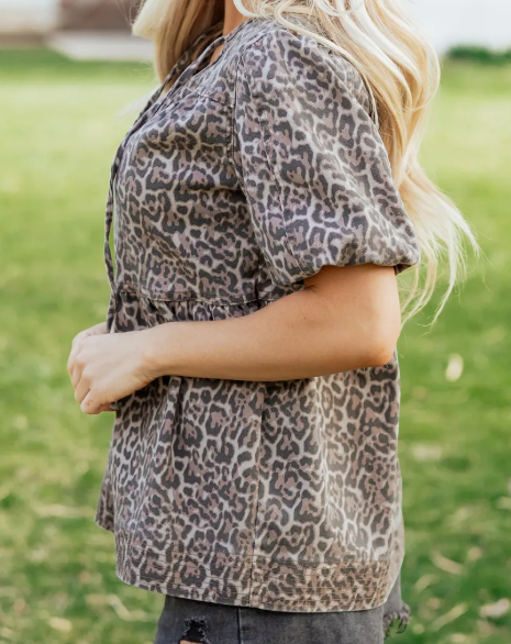 SALE!!!  Frankie Brown Leopard Tie Neck Short Puff Sleeve Denim Babydoll Top