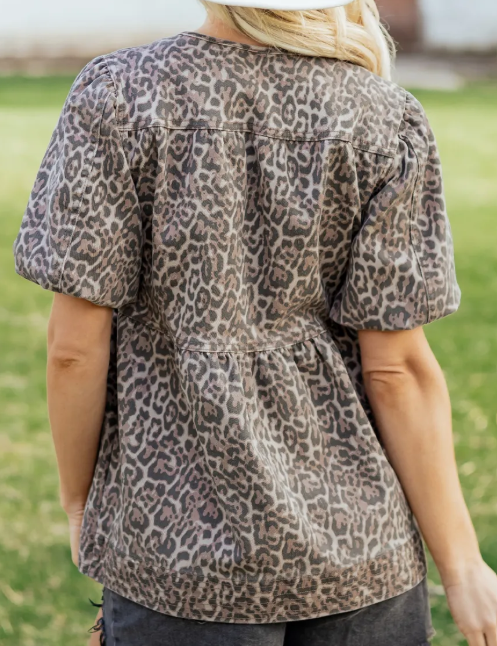 SALE!!!  Frankie Brown Leopard Tie Neck Short Puff Sleeve Denim Babydoll Top
