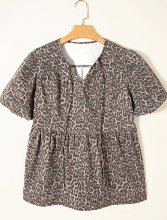 SALE!!!  Frankie Brown Leopard Tie Neck Short Puff Sleeve Denim Babydoll Top