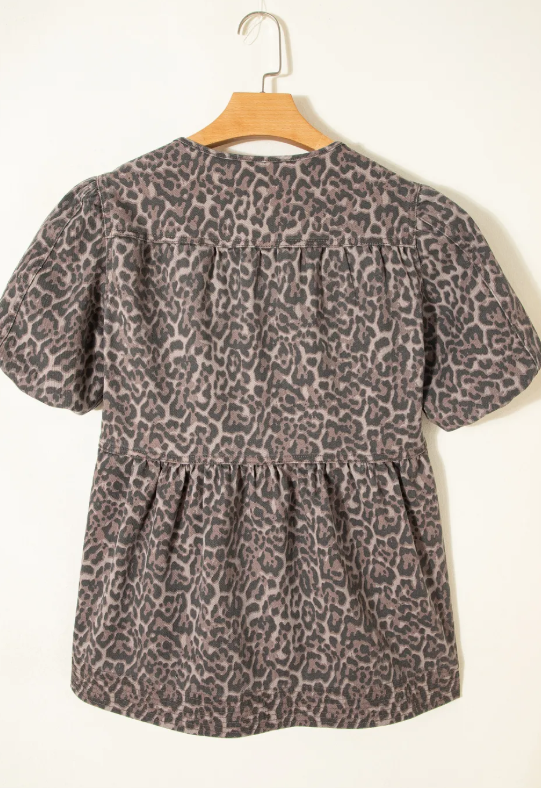 SALE!!!  Frankie Brown Leopard Tie Neck Short Puff Sleeve Denim Babydoll Top