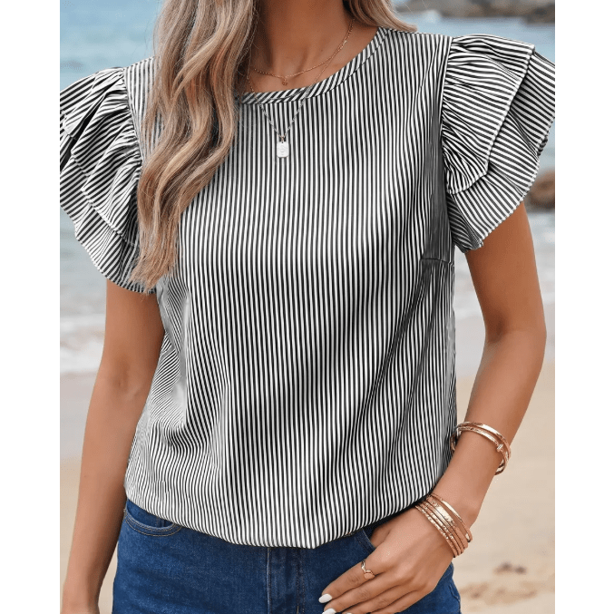 Gabriella Black Stripe Striped Ruffle Sleeve Short Sleeve Round Neck Casual Shift Blouse