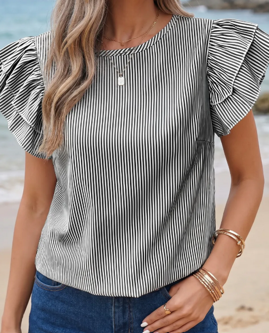 Gabriella Black Stripe Striped Ruffle Sleeve Short Sleeve Round Neck Casual Shift Blouse