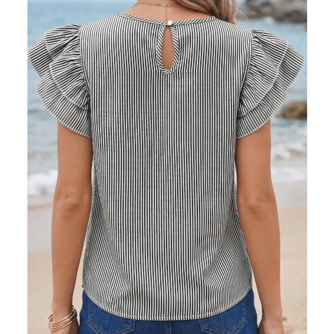 Gabriella Black Stripe Striped Ruffle Sleeve Short Sleeve Round Neck Casual Shift Blouse