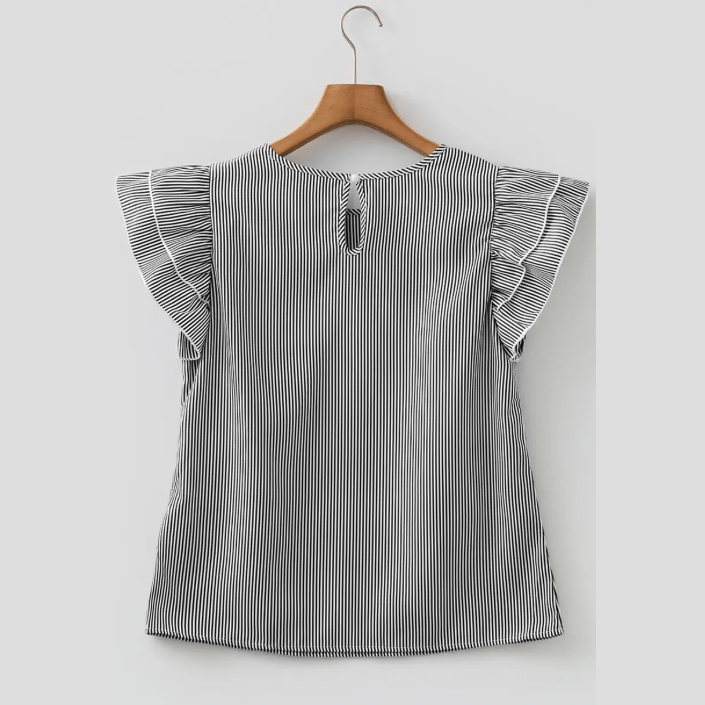 Gabriella Black Stripe Striped Ruffle Sleeve Short Sleeve Round Neck Casual Shift Blouse