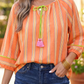 Imogene Orange Stripe Tassel Tie Neck Bracelet Sleeve Cotton Blouse