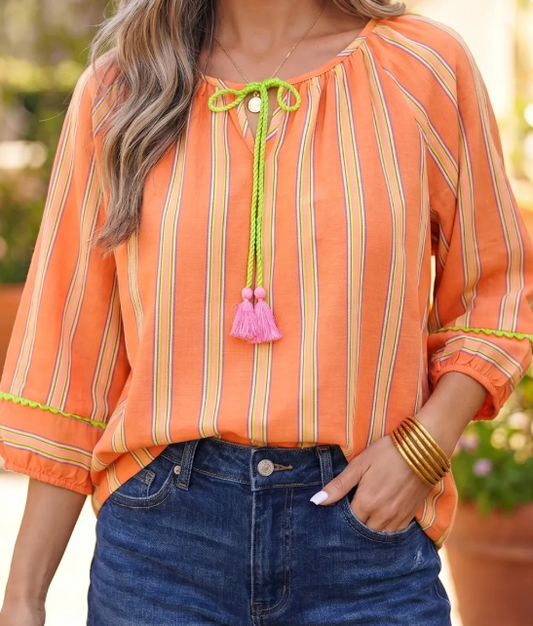 Imogene Orange Stripe Tassel Tie Neck Bracelet Sleeve Cotton Blouse
