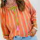 Imogene Orange Stripe Tassel Tie Neck Bracelet Sleeve Cotton Blouse