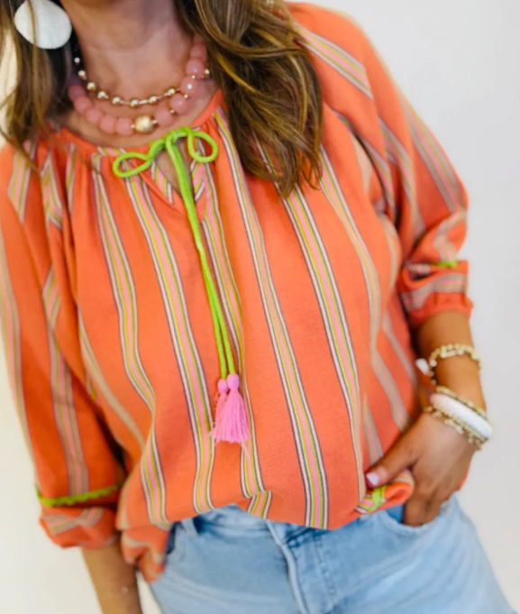 Imogene Orange Stripe Tassel Tie Neck Bracelet Sleeve Cotton Blouse