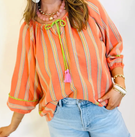 Imogene Orange Stripe Tassel Tie Neck Bracelet Sleeve Cotton Blouse