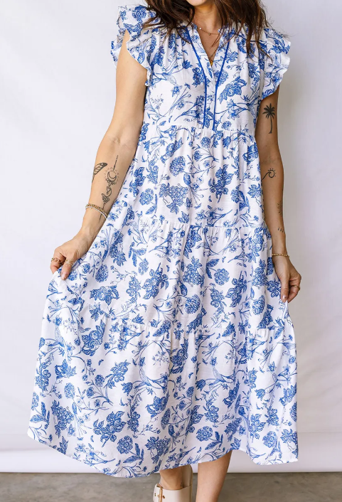 SALE!!!  Kimster Blue Ruffled Short Sleeve Tiered Floral Midi Dress