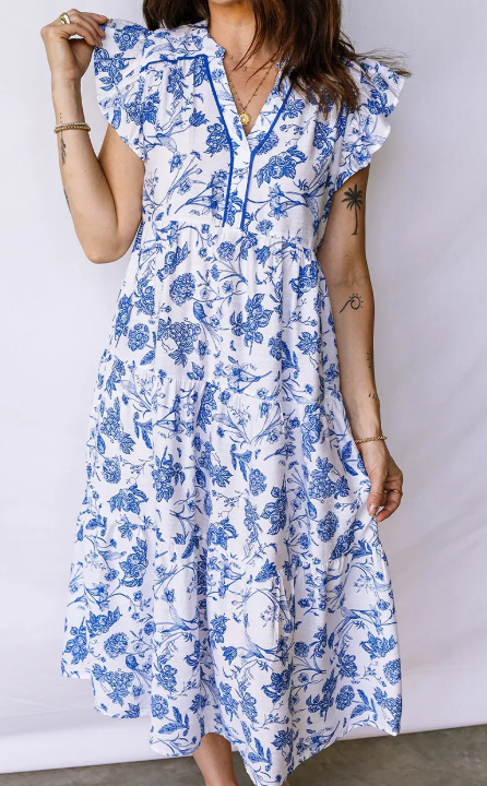 SALE!!!  Kimster Blue Ruffled Short Sleeve Tiered Floral Midi Dress