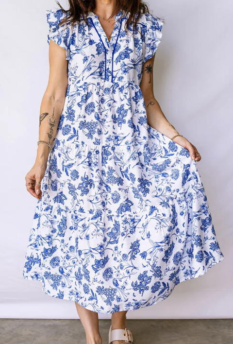 SALE!!!  Kimster Blue Ruffled Short Sleeve Tiered Floral Midi Dress