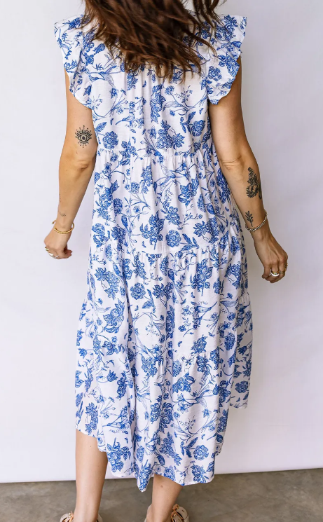 SALE!!!  Kimster Blue Ruffled Short Sleeve Tiered Floral Midi Dress