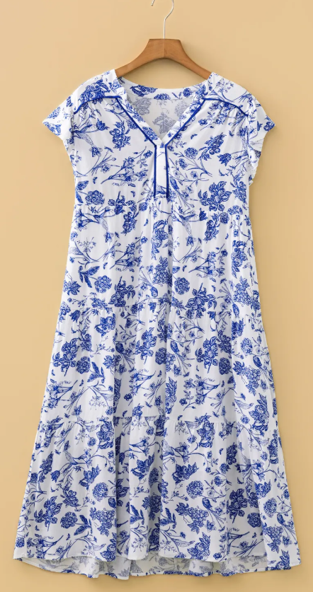 SALE!!!  Kimster Blue Ruffled Short Sleeve Tiered Floral Midi Dress