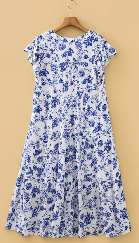 SALE!!!  Kimster Blue Ruffled Short Sleeve Tiered Floral Midi Dress