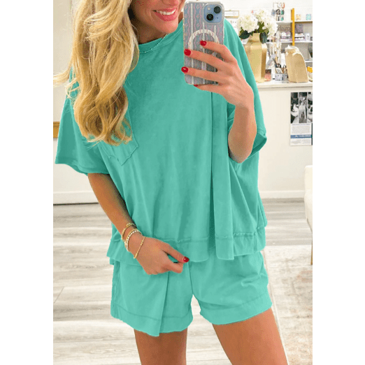 Sherleen Green Mint Raw Edge Patch Pocket Oversized Top and Shorts Set