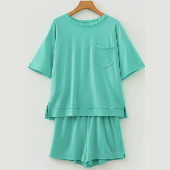 Sherleen Green Mint Raw Edge Patch Pocket Oversized Top and Shorts Set