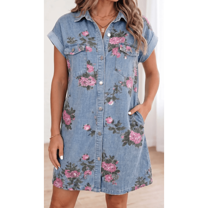 Finn Sky Blue Denim Floral Print Cuffed Short Sleeve Button Down Shift Dress